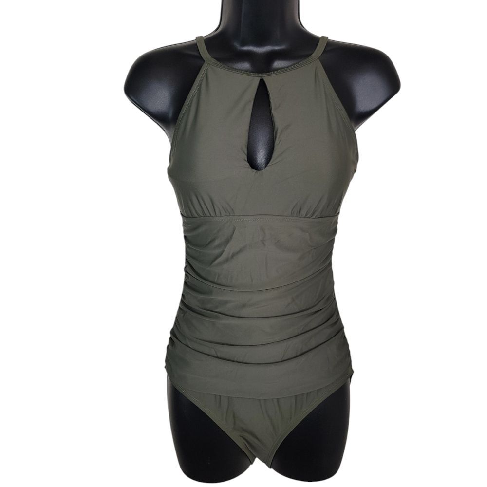 Ellen Tracy Olive Green one piece swimsuit keyhole High Neck Ruching Size 6